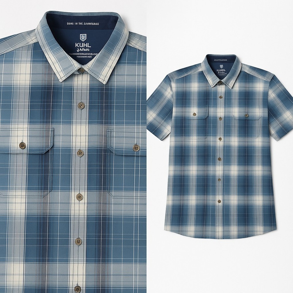 Kuhl Shirt Mens Large‎ Blue Plaid Short Sleeve Metal Snap Outdoor Button Up